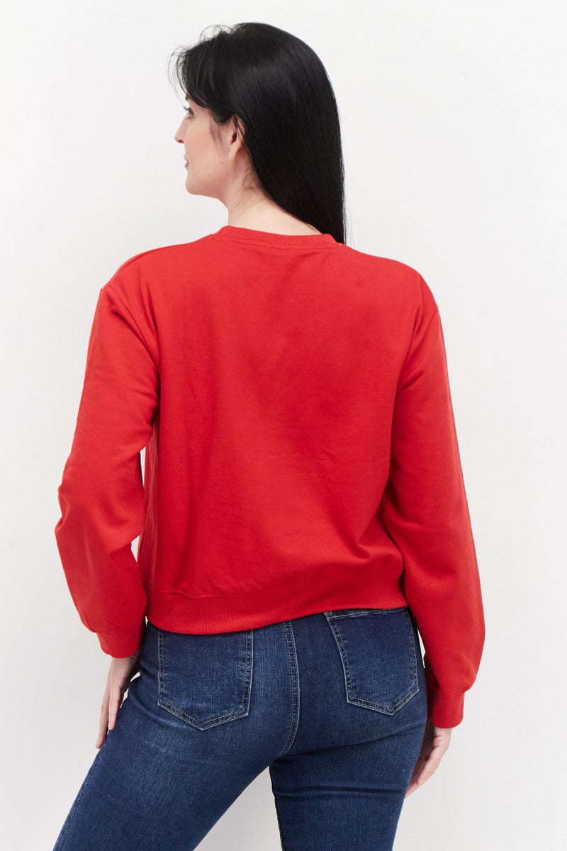 Women Crew Neck Long Sleeve Brand Logo Sweatshirt, Red