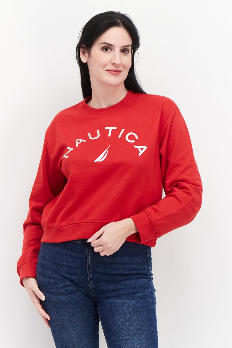 Women Crew Neck Long Sleeve Brand Logo Sweatshirt, Red