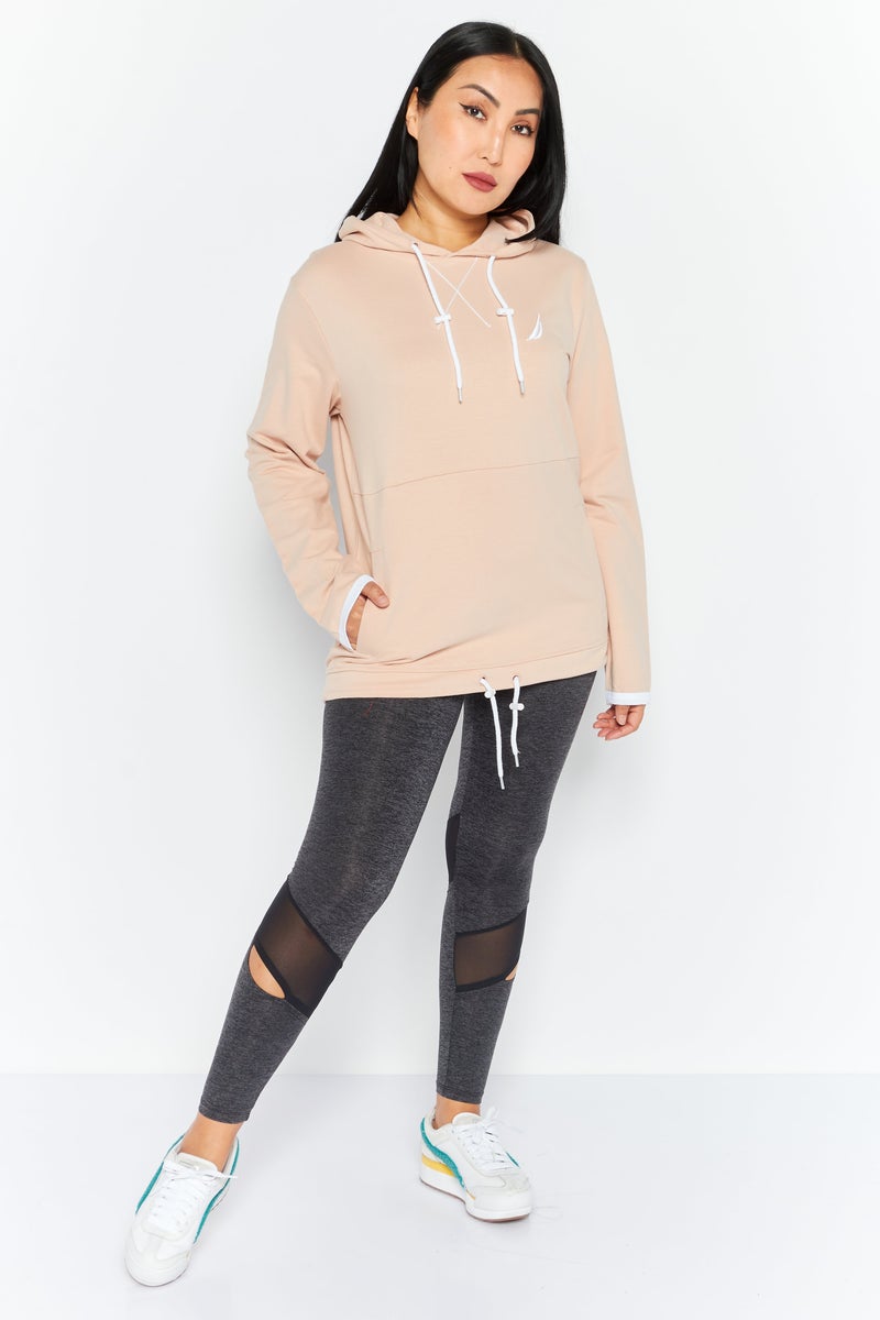 Women Hooded Long Sleeve Embraided Logo Sweatshirt, Peach