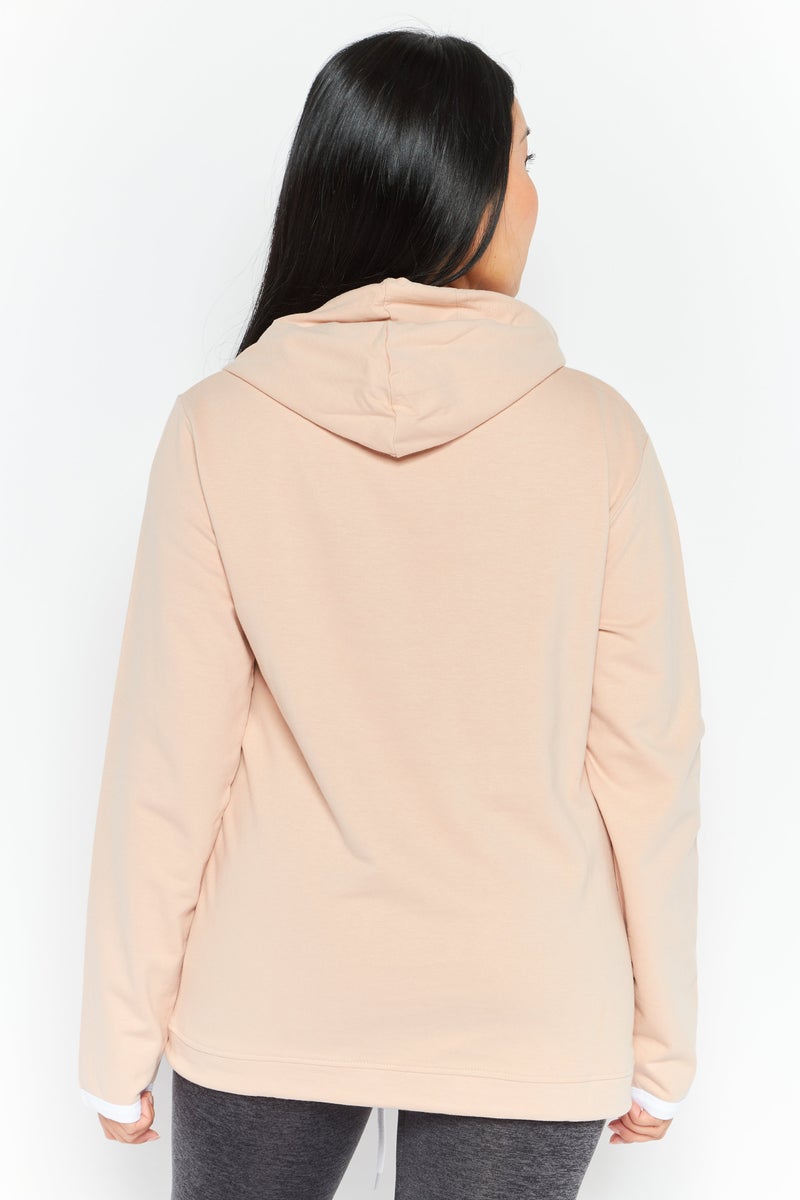 Women Hooded Long Sleeve Embraided Logo Sweatshirt, Peach