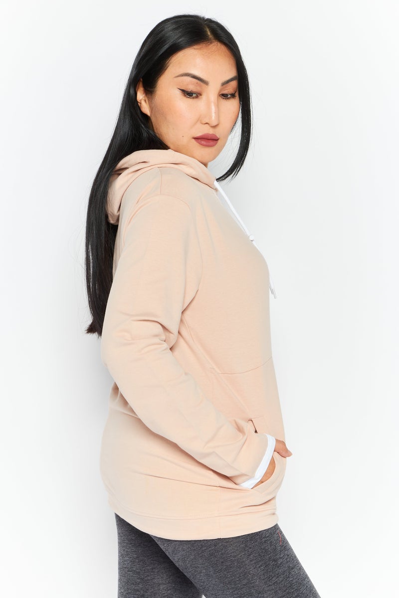 Women Hooded Long Sleeve Embraided Logo Sweatshirt, Peach