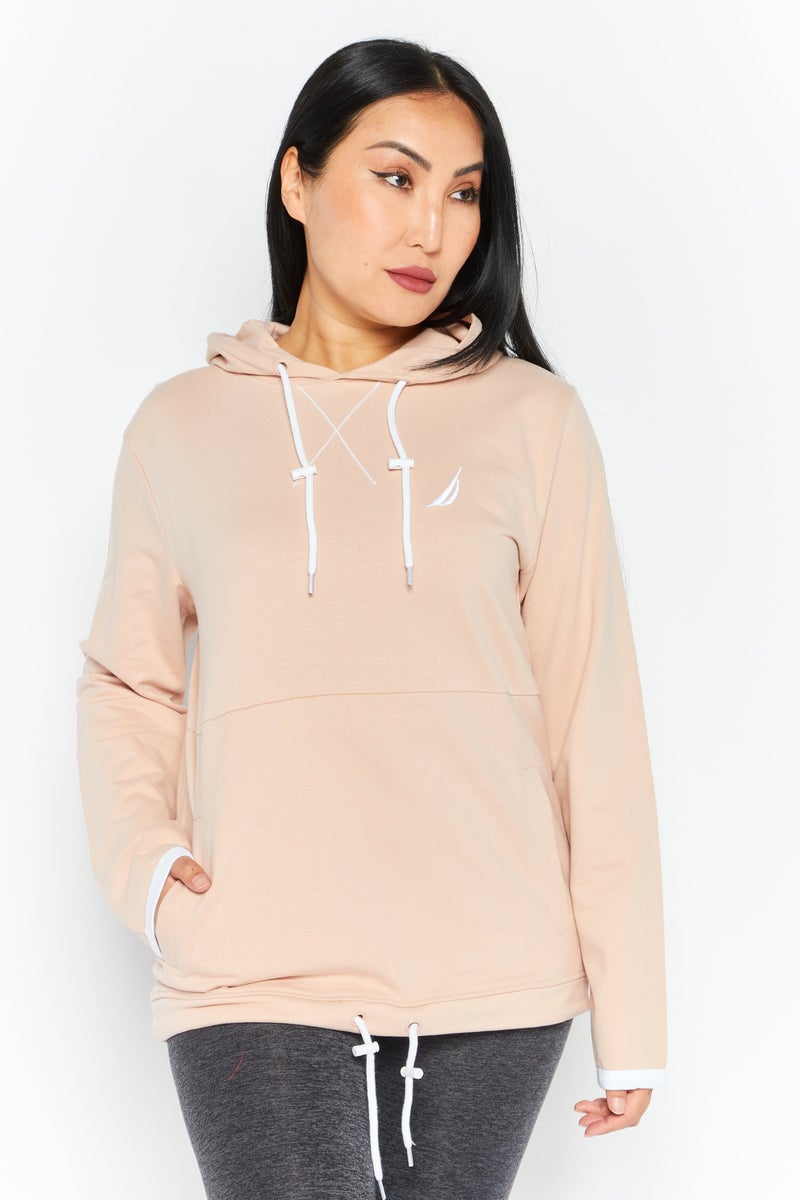 Women Hooded Long Sleeve Embraided Logo Sweatshirt, Peach