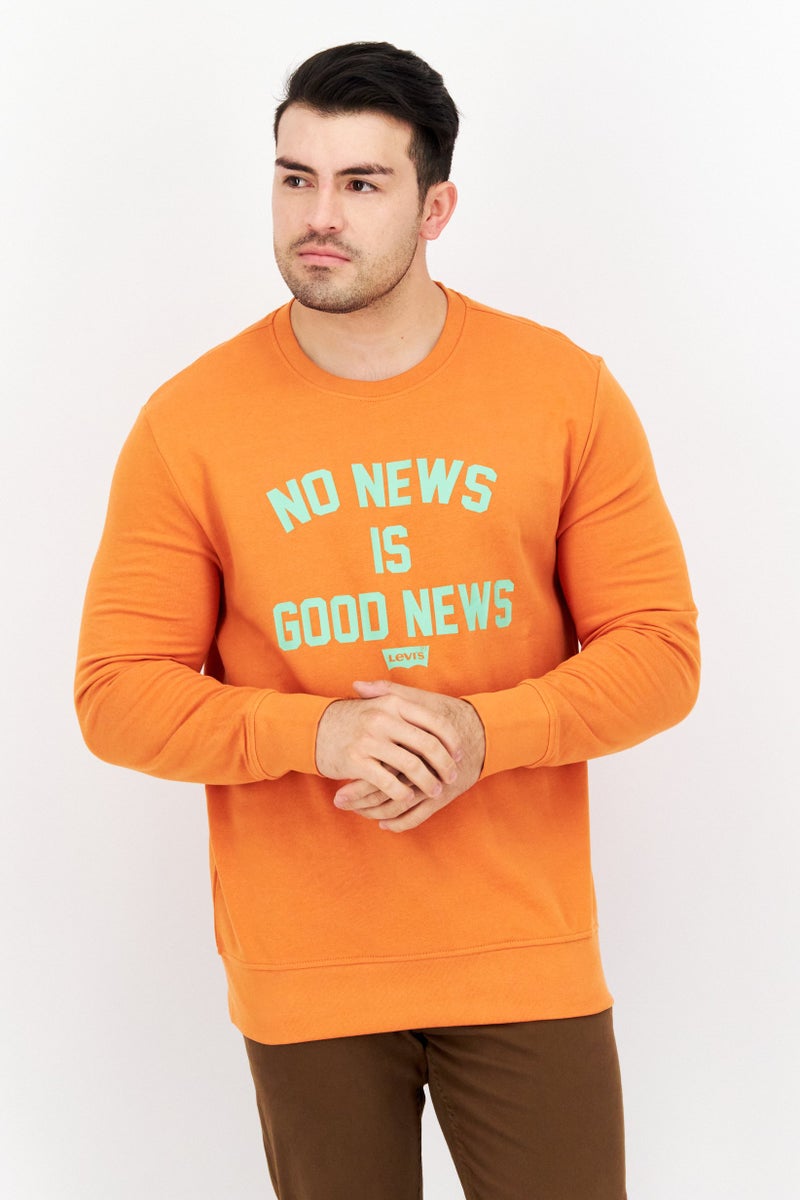 Men Crew Neck Graphic Long Sleeve Sweatshirt, Orange