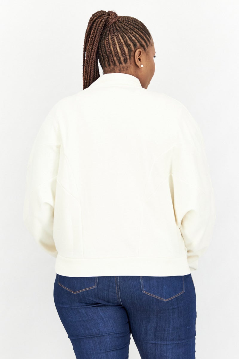 Women High Neck Long Sleeves Zip Sweatshirts, off White