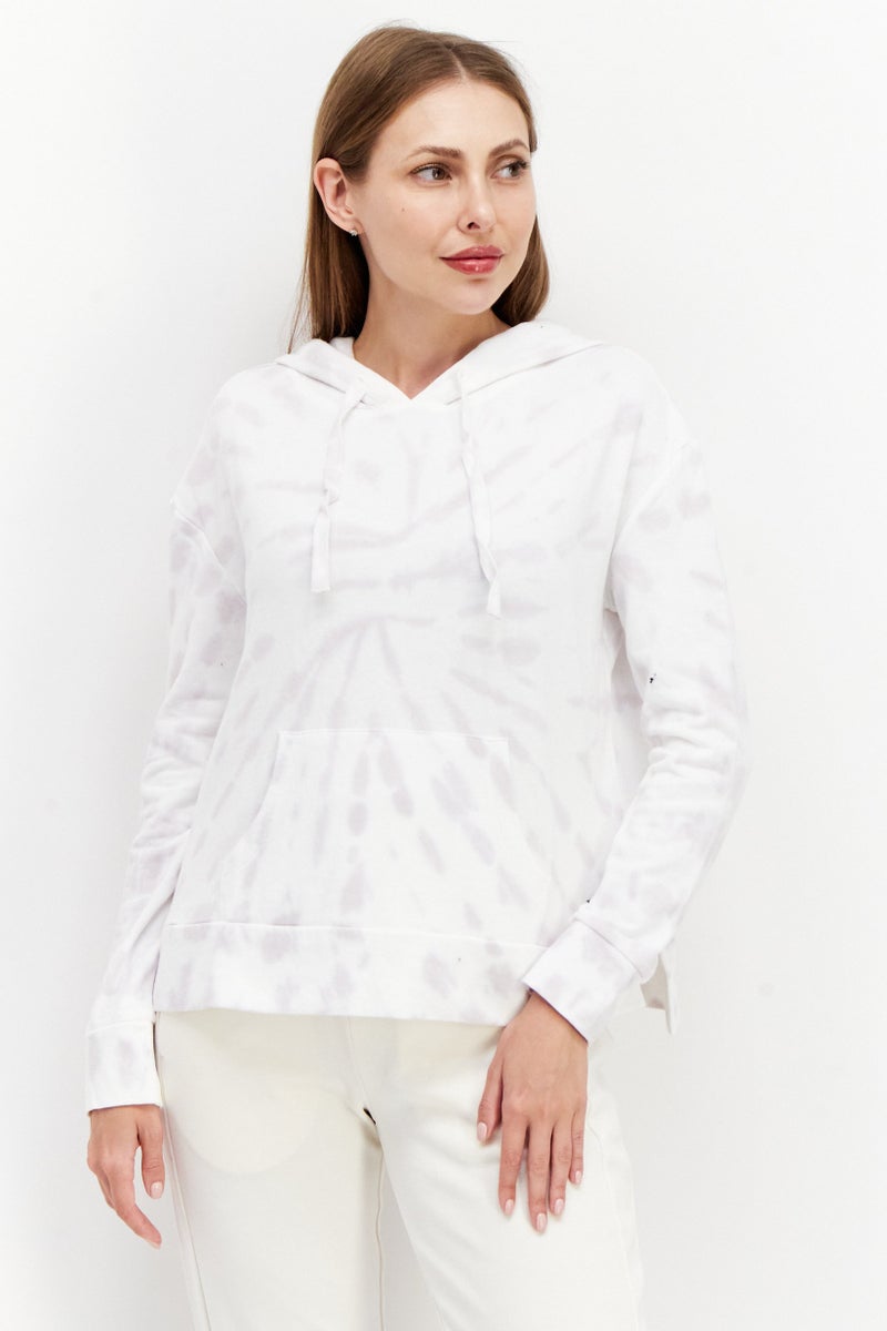 Women Hooded Long Sleeve Tie-Dye Sweatshirt, White Combo
