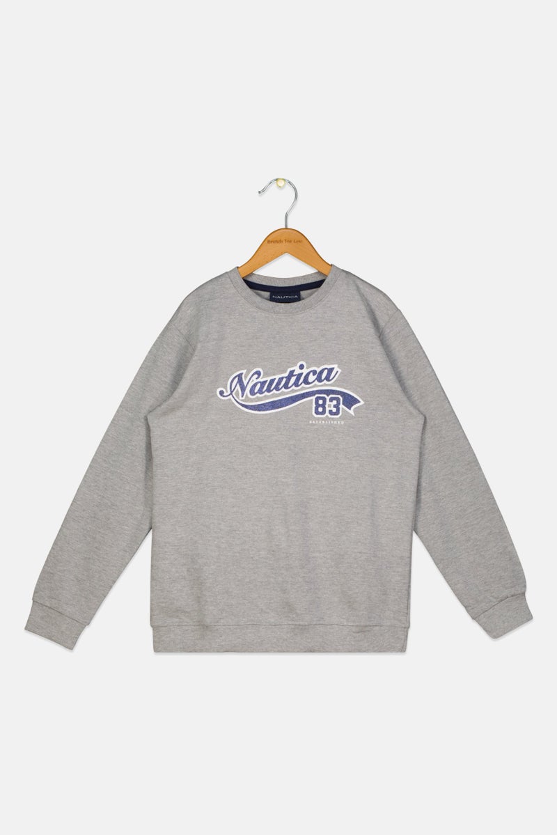 Kids Girl Crew Neck Long Sleeve Brand Logo Sweatshirt, Grey