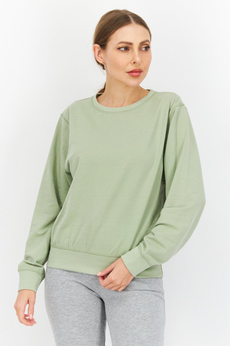 Women Crew Neck Long Sleeve Textured Sweatshirt, Sage