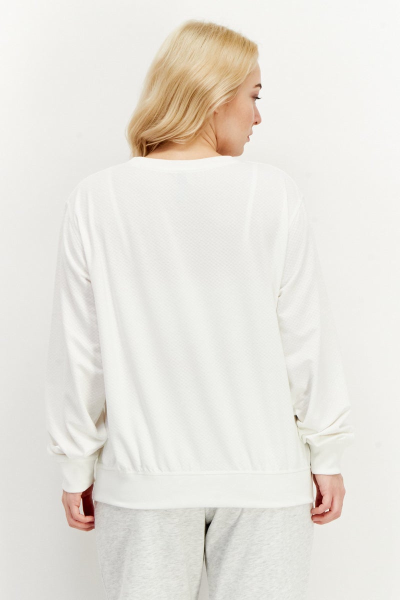 Women Crew Neck Long Sleeve Textured Sweatshirt, White