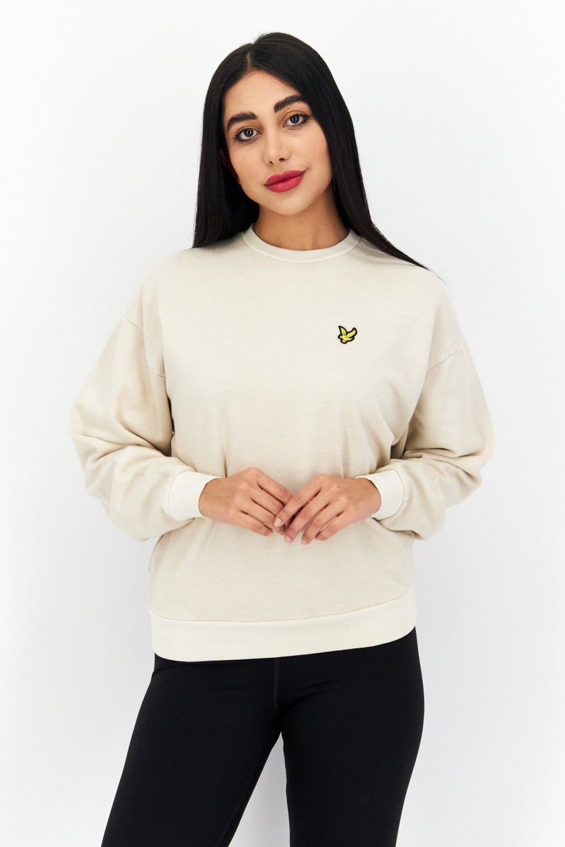 Women Crew Neck Embroidered Logo Sweatshirt, Beige