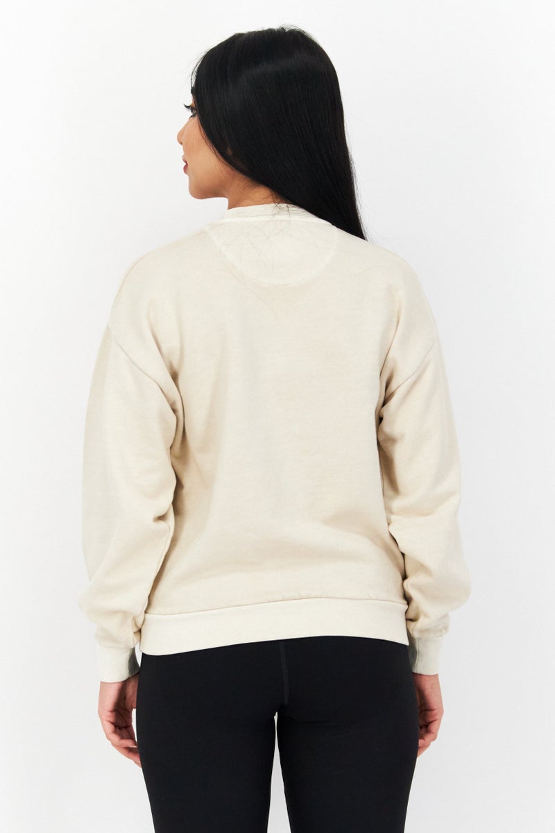 Women Crew Neck Embroidered Logo Sweatshirt, Beige