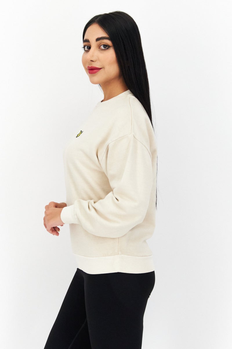 Women Crew Neck Embroidered Logo Sweatshirt, Beige