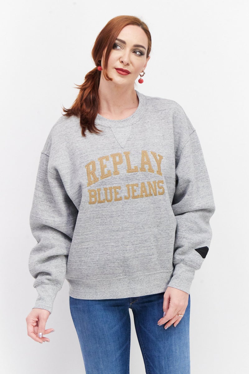 Women Crew Neck Embroidered Logo Sweatshirt, Grey Combo