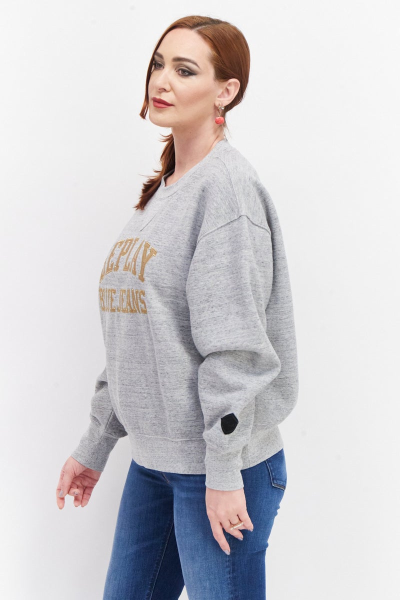 Women Crew Neck Embroidered Logo Sweatshirt, Grey Combo