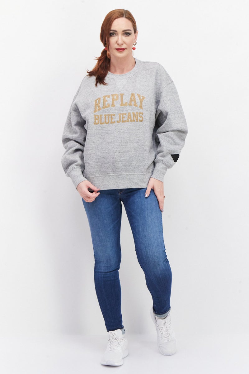 Women Crew Neck Embroidered Logo Sweatshirt, Grey Combo