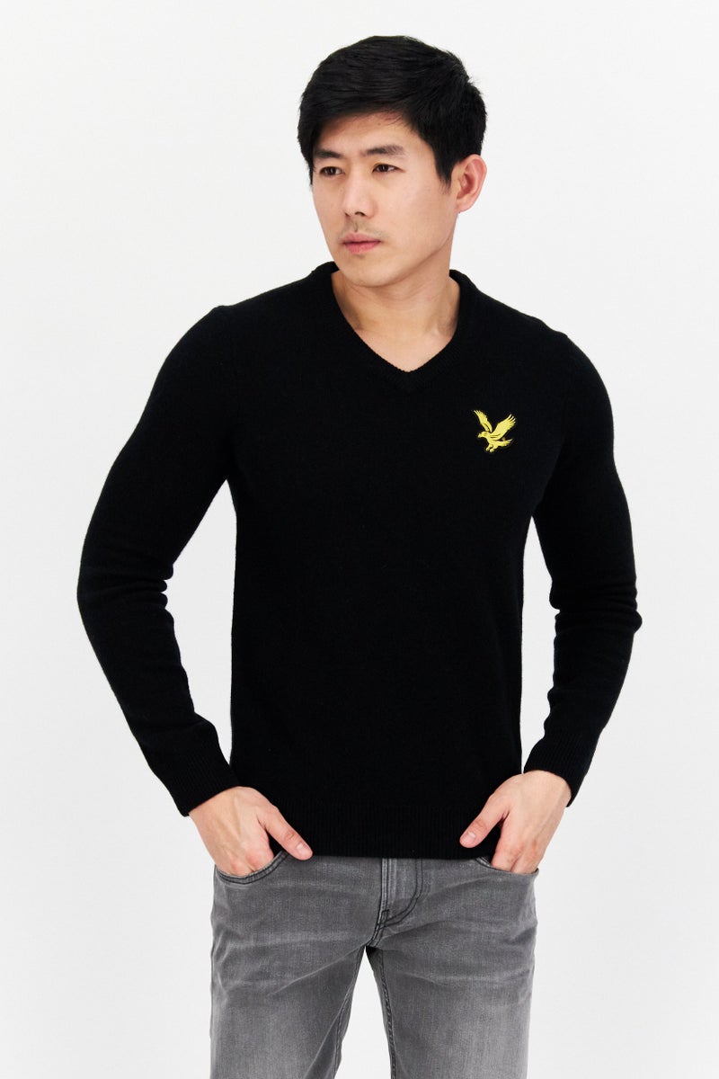 Men V-Neck Brand Logo Long Sleeves Sweatshirt, Black