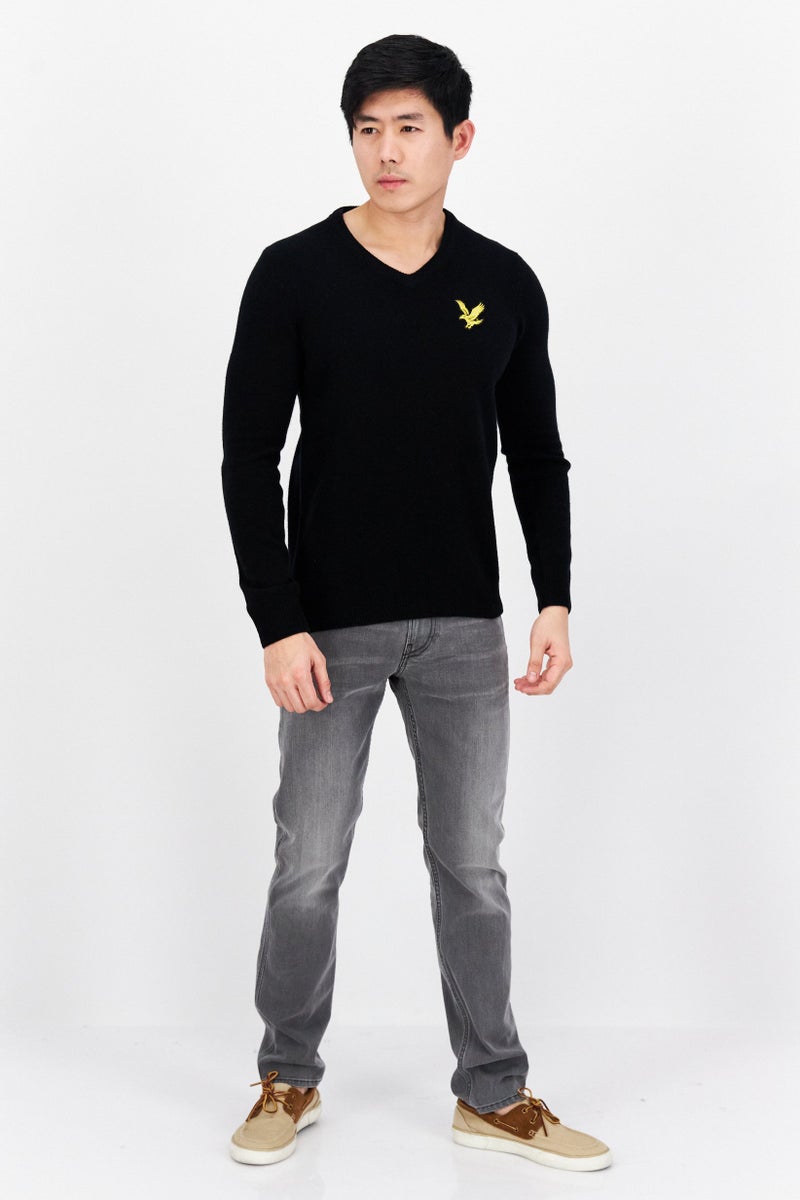 Men V-Neck Brand Logo Long Sleeves Sweatshirt, Black