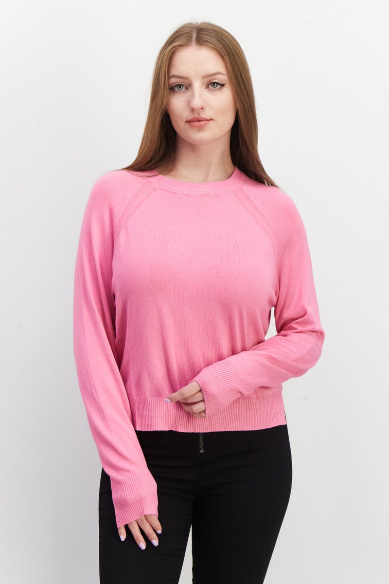 Women Crew Neck Long Sleeves Plain Sweatshirt, Pink