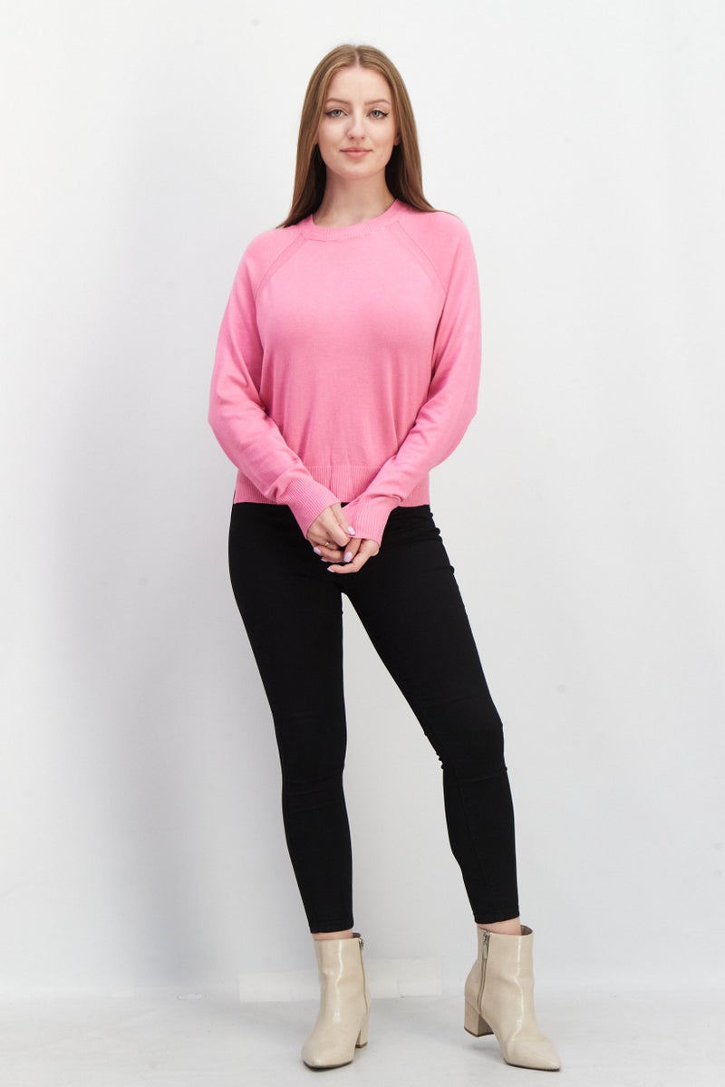 Women Crew Neck Long Sleeves Plain Sweatshirt, Pink