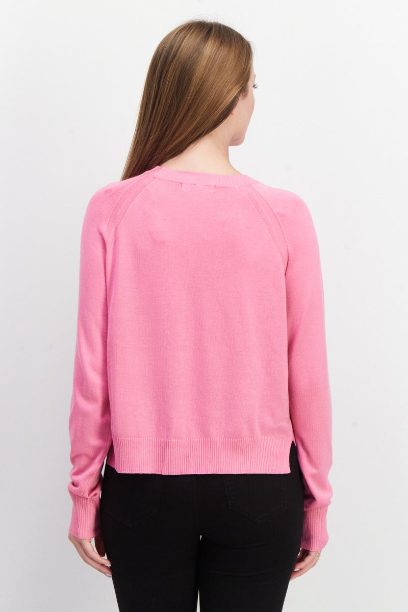 Women Crew Neck Long Sleeves Plain Sweatshirt, Pink
