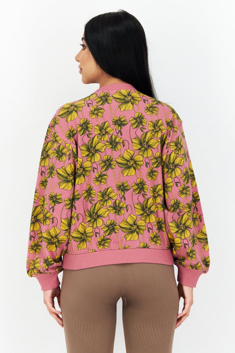 Women Crew Neck Floral Print Long Sleeve Sweatshirt, Pink