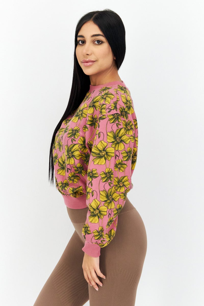 Women Crew Neck Floral Print Long Sleeve Sweatshirt, Pink