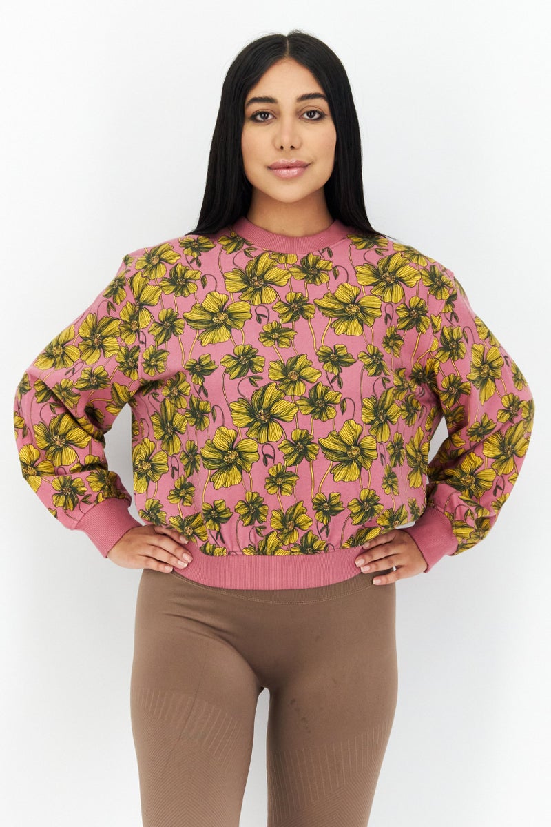 Women Crew Neck Floral Print Long Sleeve Sweatshirt, Pink