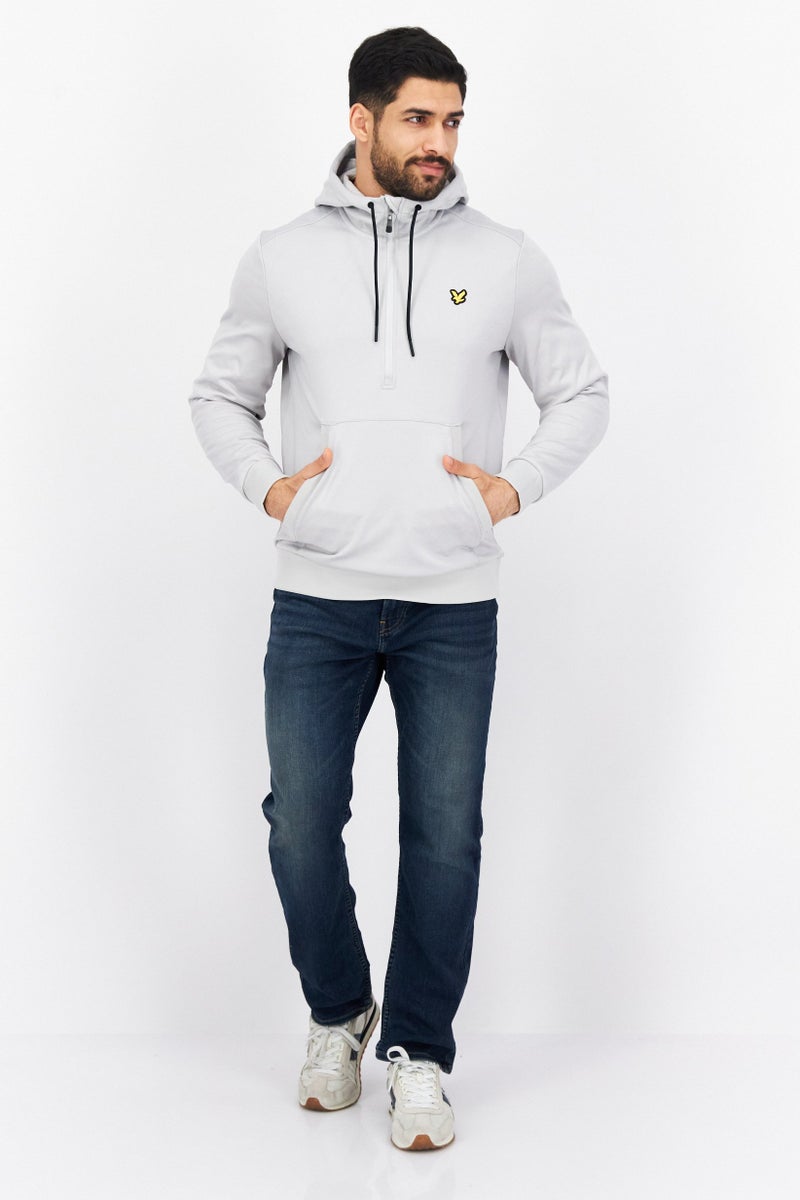 Men Long Sleeve Half Zip Brand Logo Hoodie, Light Grey