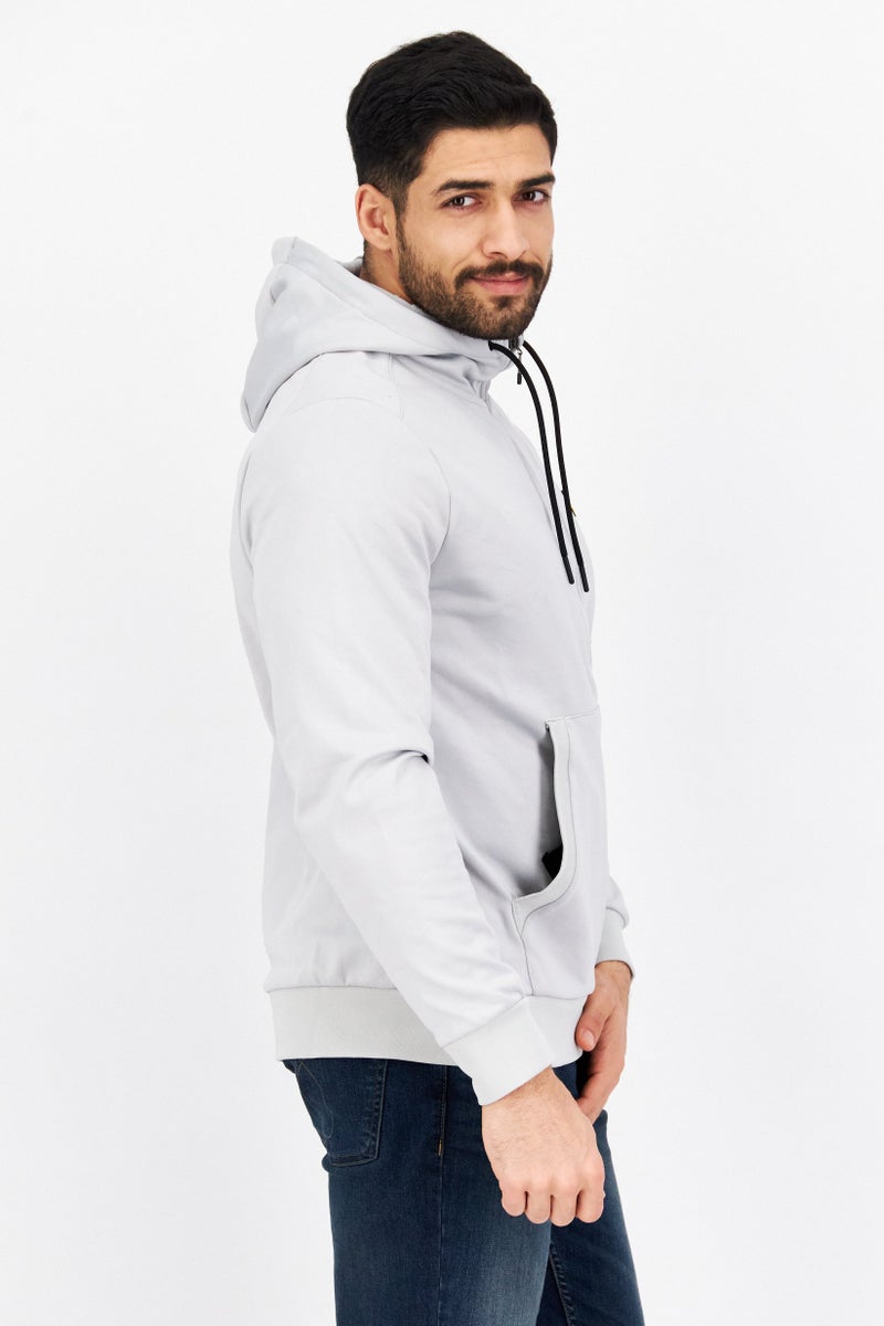 Men Long Sleeve Half Zip Brand Logo Hoodie, Light Grey