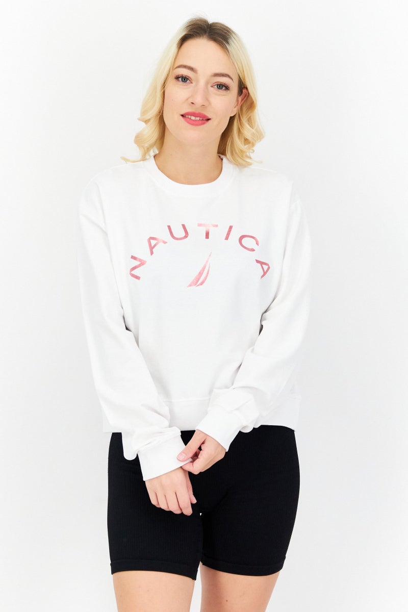 Women Round Neck Brand Logo Sweatshirt, White