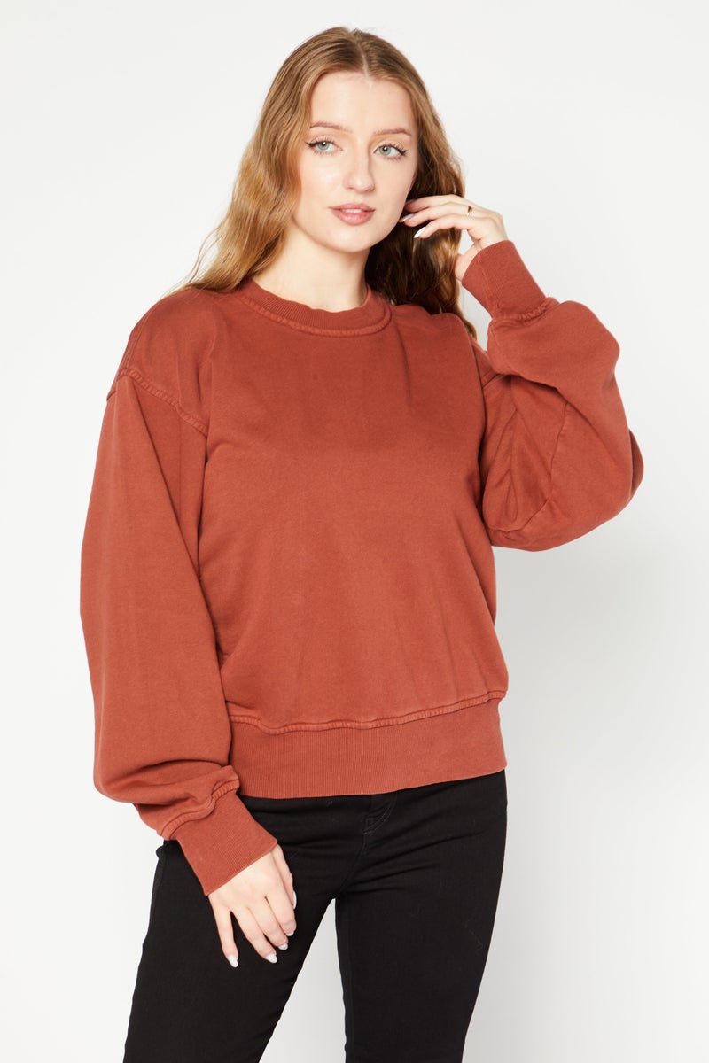 Women Crew Neck Long Sleeve Solid Sweatshirts, Brown