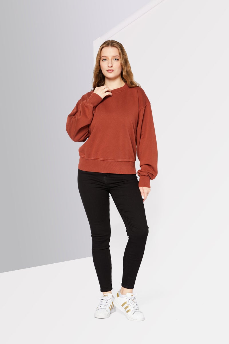 Women Crew Neck Long Sleeve Solid Sweatshirts, Brown