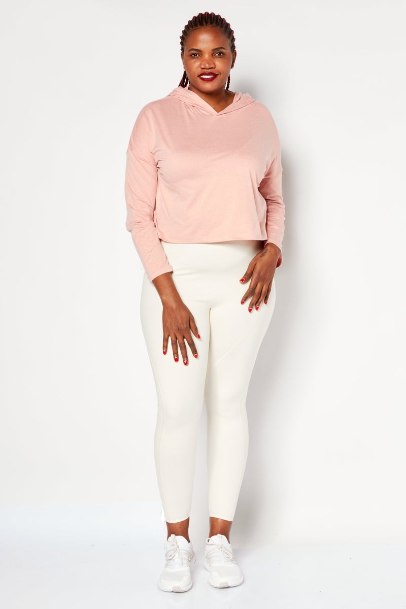 Women Hooded Neck Long Sleeves Plain Cropped Sweatshirt, Coral