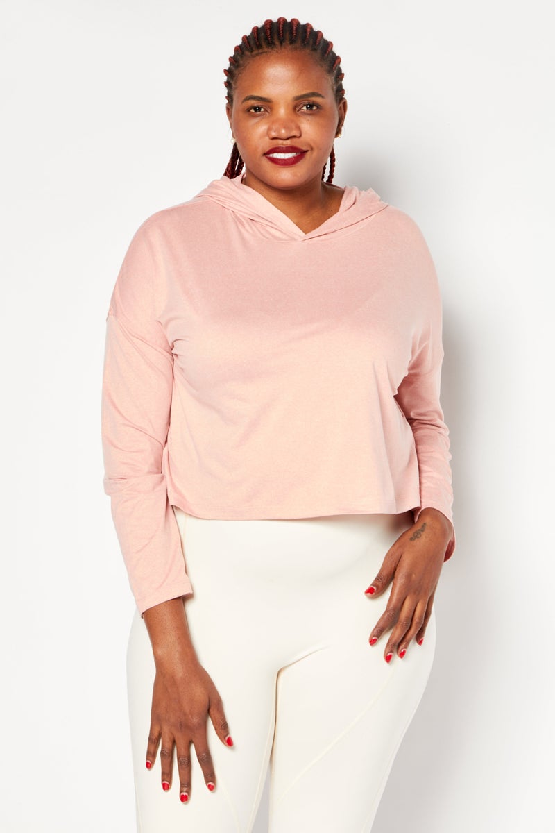 Women Hooded Neck Long Sleeves Plain Cropped Sweatshirt, Coral