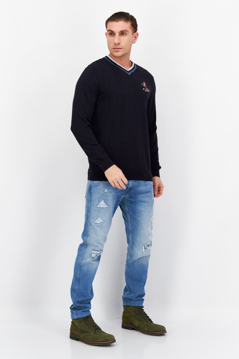 Men V-Neck Brand Logo Long Sleeves Sweatshirt, Dark Navy