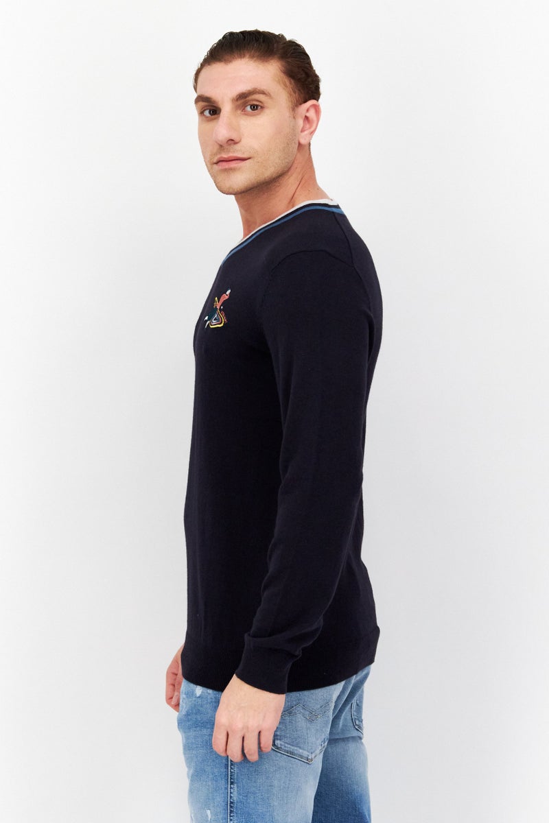 Men V-Neck Brand Logo Long Sleeves Sweatshirt, Dark Navy