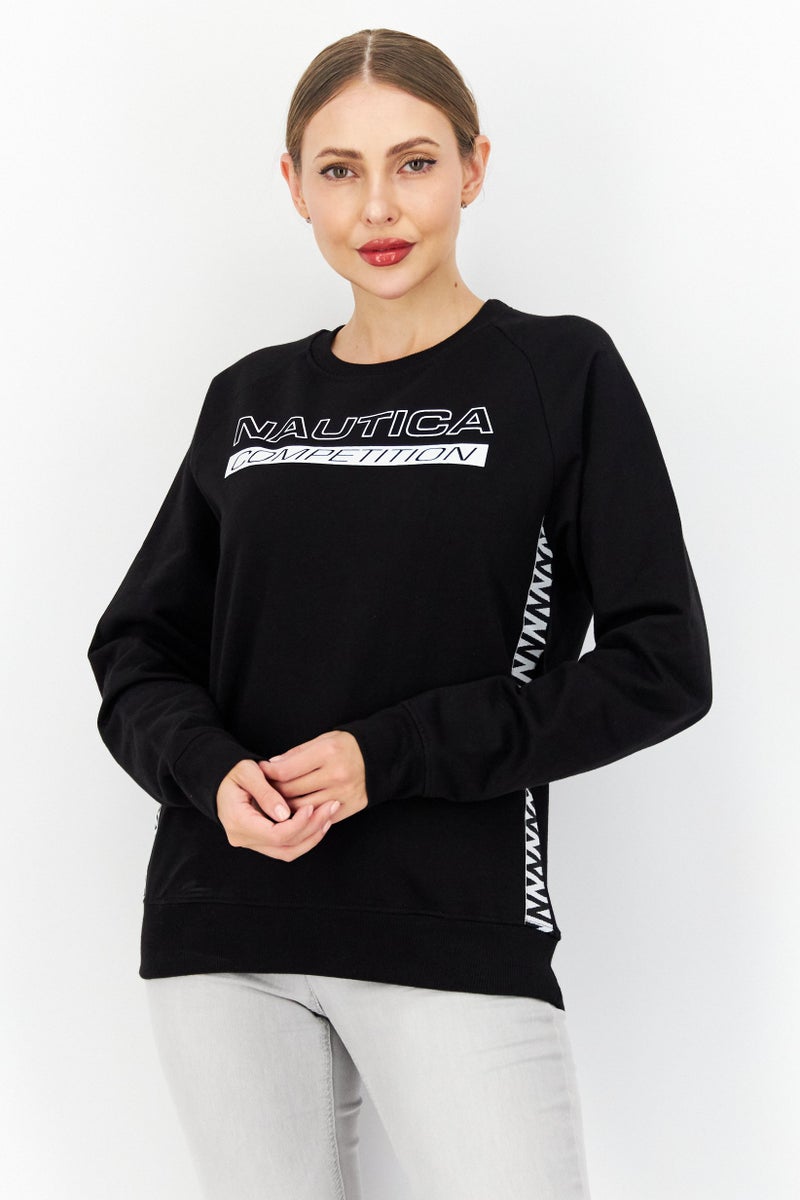 Women Crew Neck Long Sleeve Printed Sweatshirt, Black