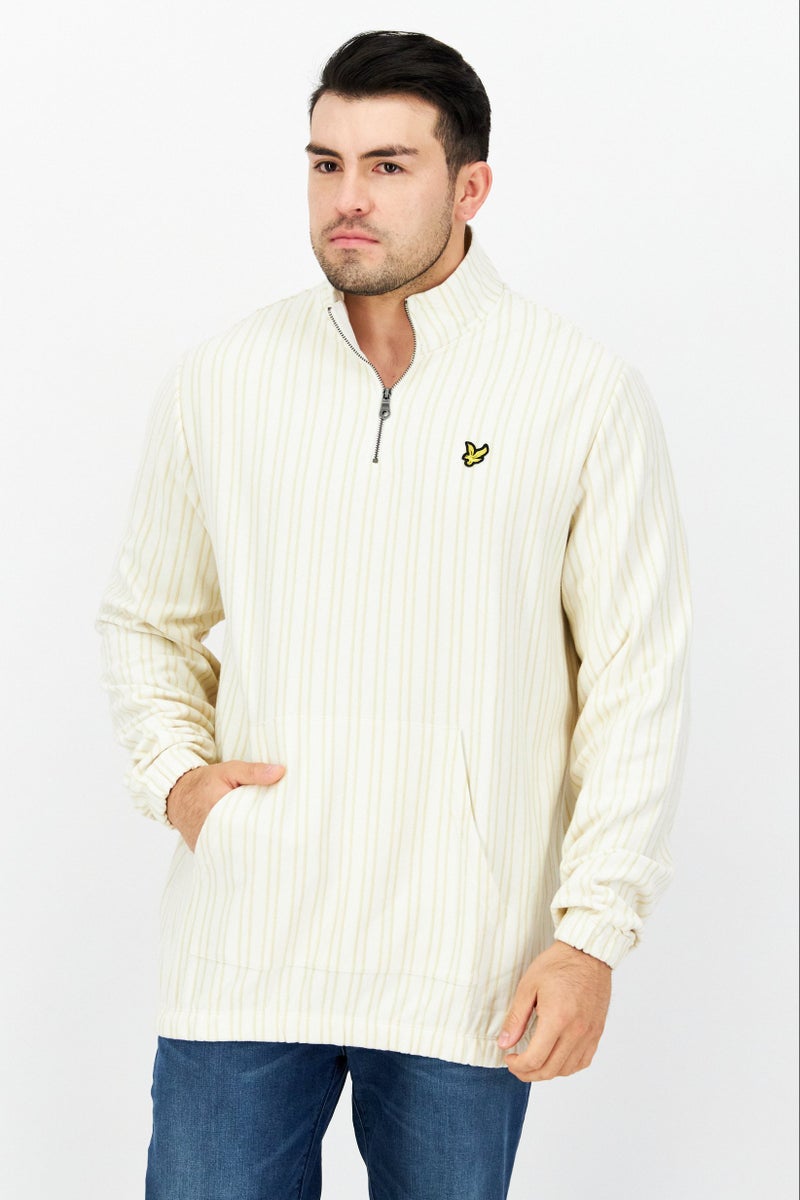 Men High Neck Long Sleeve Stripe Half Zip Sweatshirt, Off White