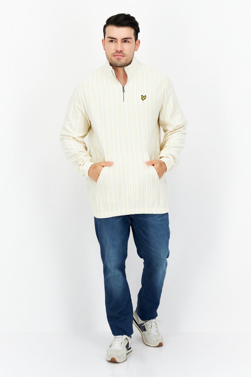 Men High Neck Long Sleeve Stripe Half Zip Sweatshirt, Off White