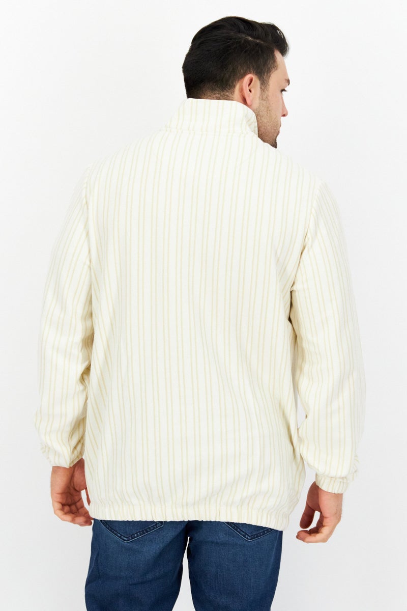 Men High Neck Long Sleeve Stripe Half Zip Sweatshirt, Off White