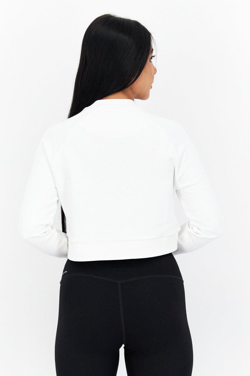 Women Crew Neck Long Sleeve Cropped Sweatshirt, White