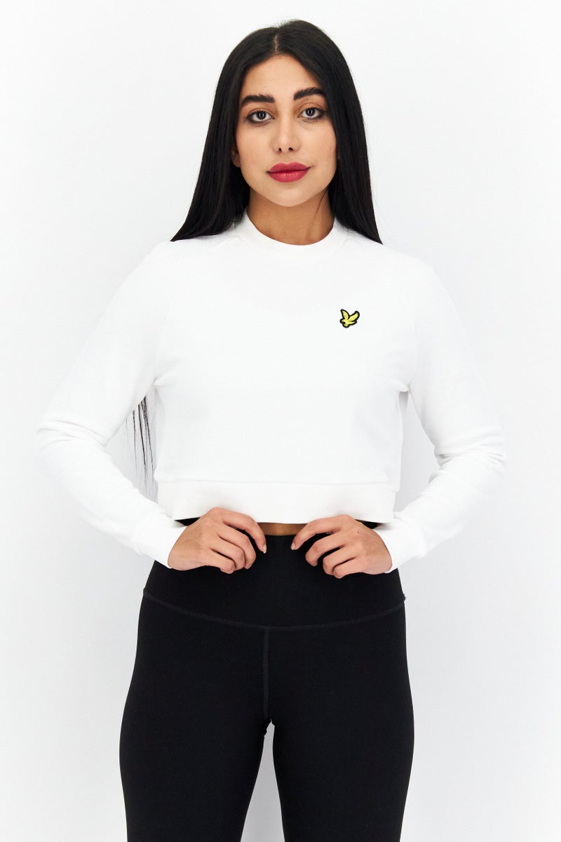 Women Crew Neck Long Sleeve Cropped Sweatshirt, White