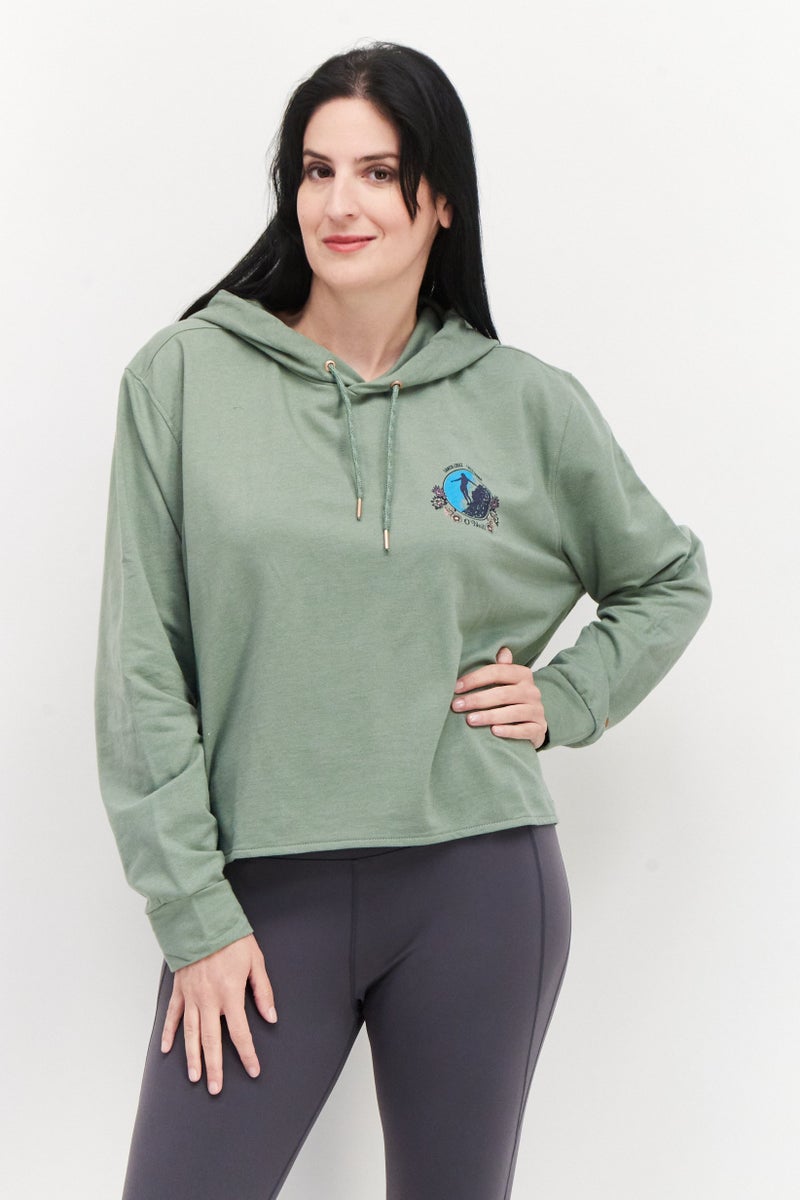 Women Hood With Drawstring Long Sleeve Graphic Print Sweatshirt, Sage Green