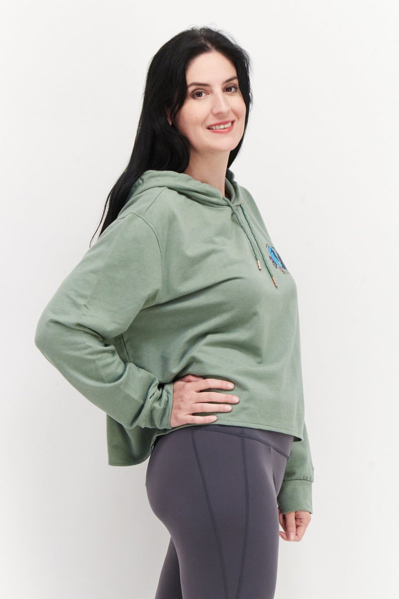 Women Hood With Drawstring Long Sleeve Graphic Print Sweatshirt, Sage Green