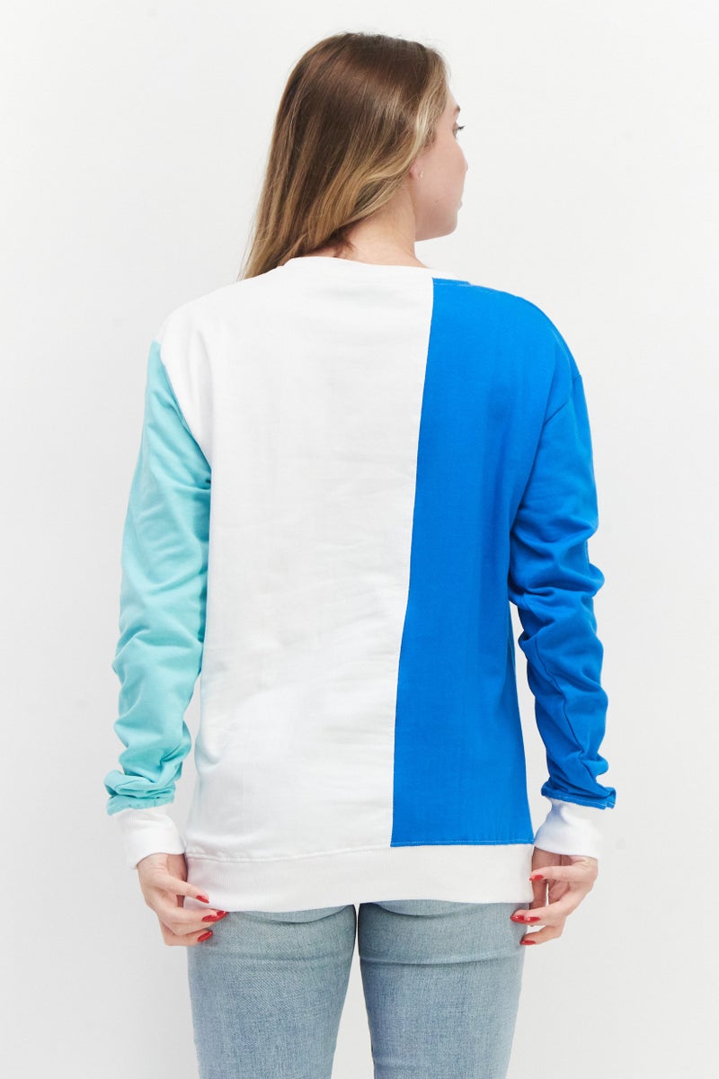 Women Crew Neck Long Sleeve Printed Sweatshirt, Blue Combo