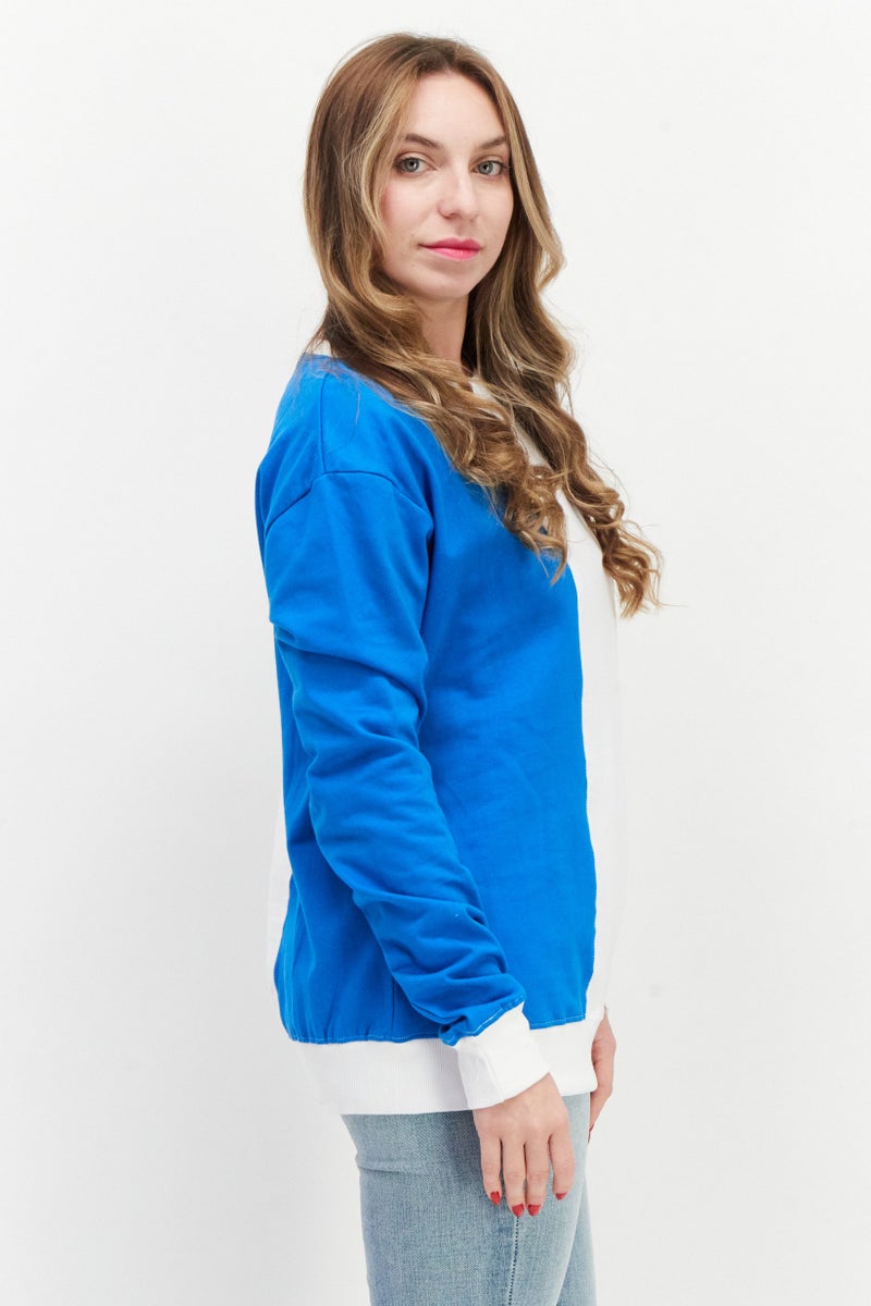 Women Crew Neck Long Sleeve Printed Sweatshirt, Blue Combo