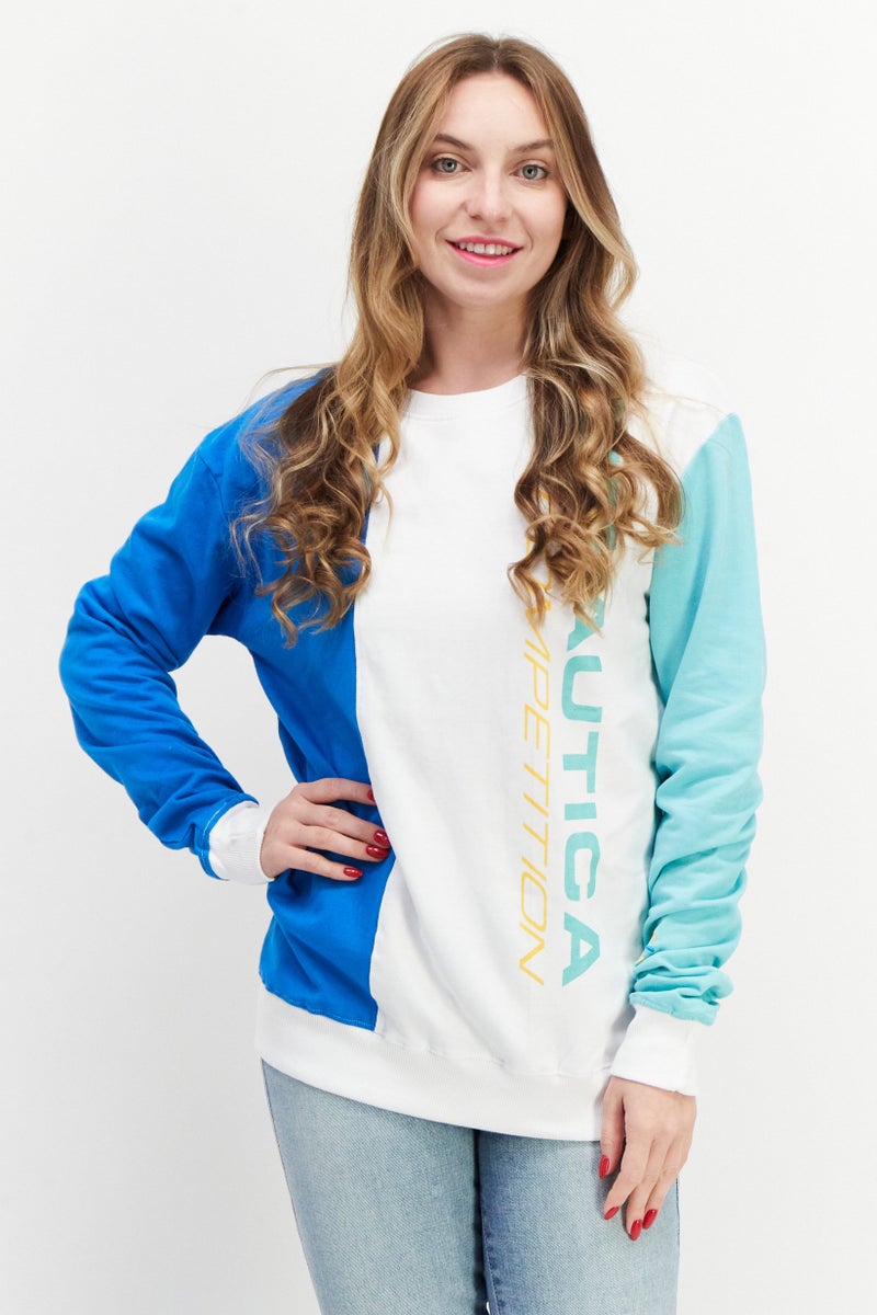 Women Crew Neck Long Sleeve Printed Sweatshirt, Blue Combo