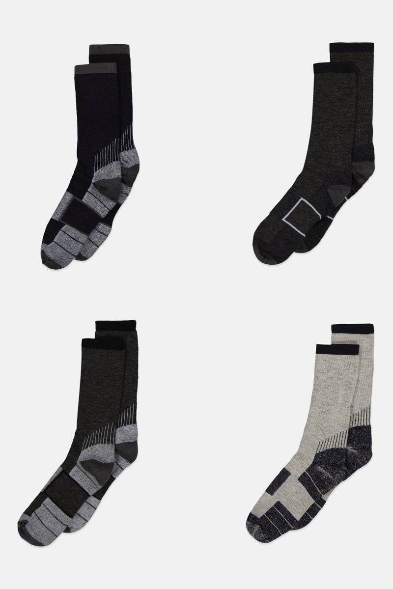 Men 4 Piece Mid Calf Textured Socks, Grey Combo