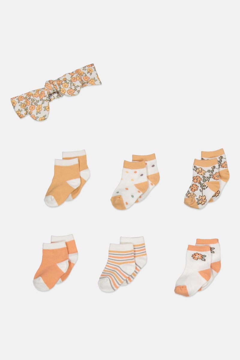 Toddlers Girl 6 Pairs Socks With Headband, White/Beige Combo