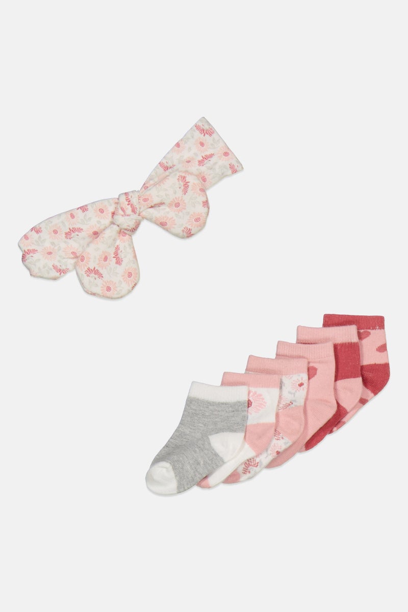 Toddlers Girl 6 Pair Printed Socks With Headband, Pink Combo