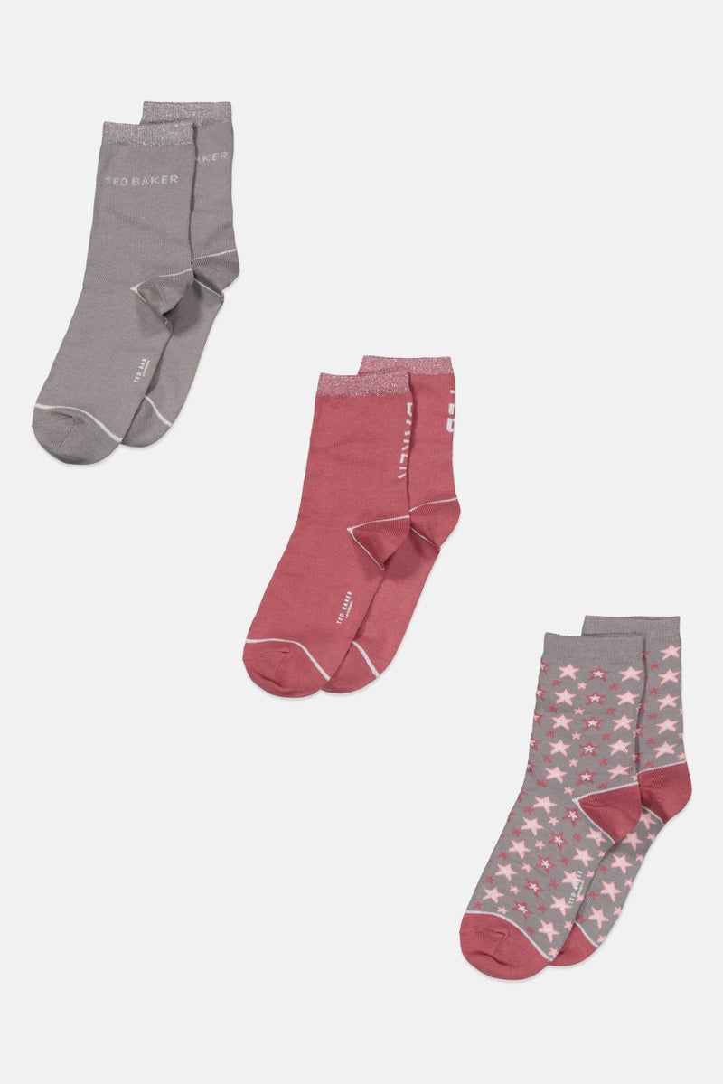 Women 3 Pairs Brand Logo Crew Socks, Grey/Dark Pink